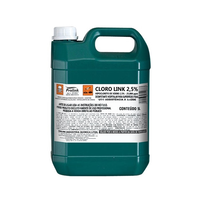 CLORO LINK 2,5% (HIPOCLORITO DE SÓDIO 2,5%) GALÃO 5 LITROS CAIXA C/4